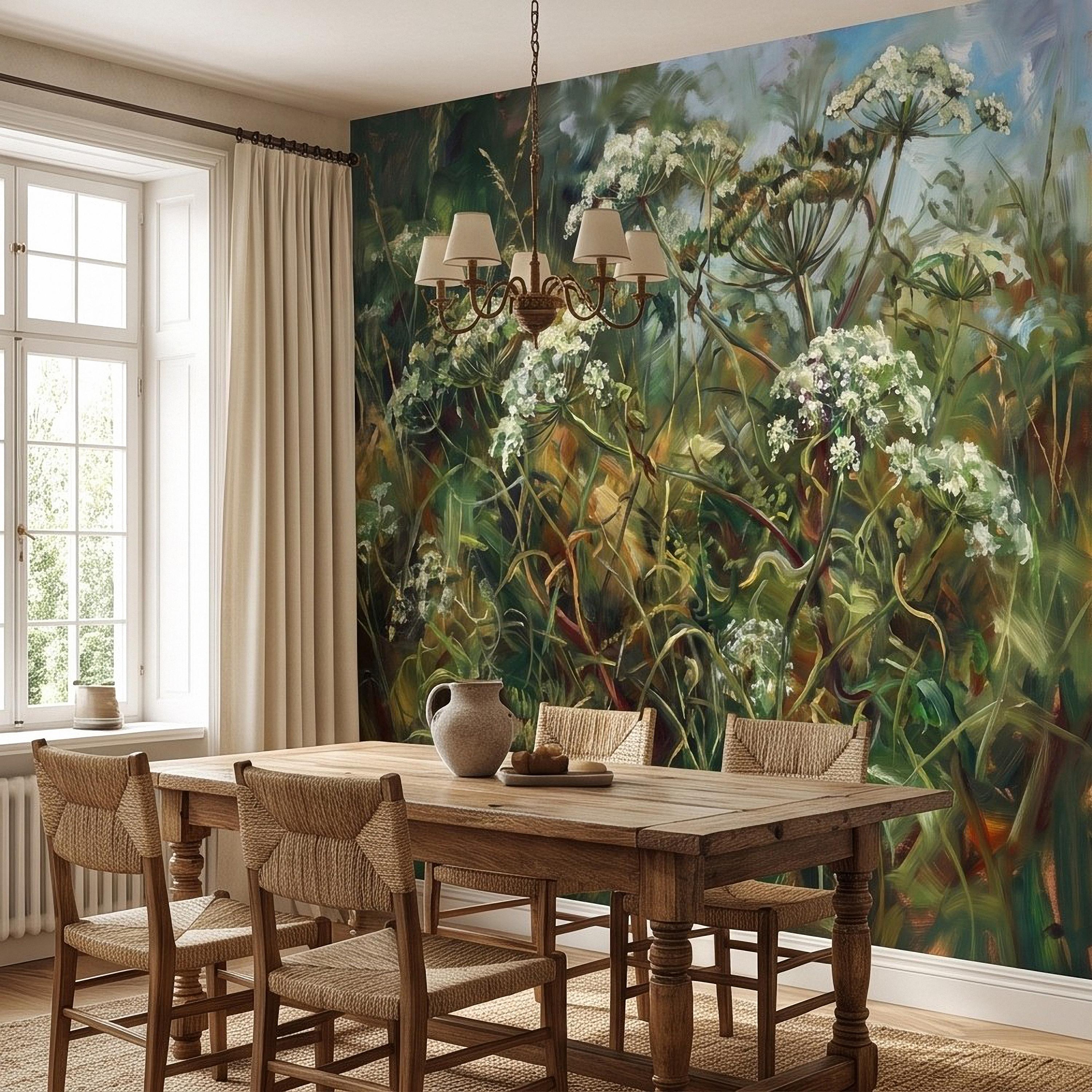 Wildflower Meadow Peel and Stick Wall Mural, White Queen Anne’s Lace Lush Green Botanical Painterly Cottage Garden Wallpaper