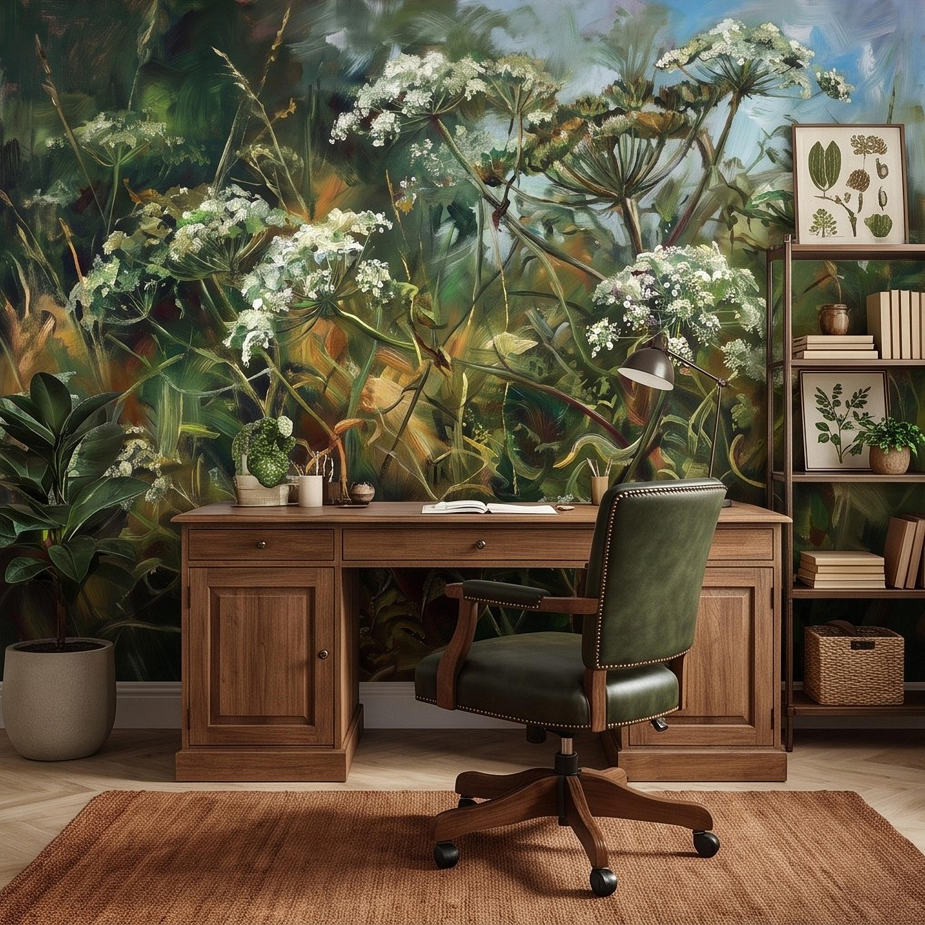 Wildflower Meadow Peel and Stick Wall Mural, White Queen Anne’s Lace Lush Green Botanical Painterly Cottage Garden Wallpaper