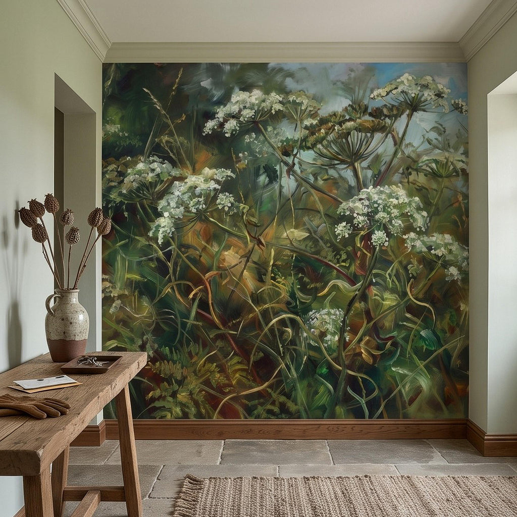 Wildflower Meadow Peel and Stick Wall Mural, White Queen Anne’s Lace Lush Green Botanical Painterly Cottage Garden Wallpaper