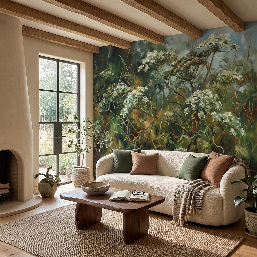Wildflower Meadow Peel and Stick Wall Mural, White Queen Anne’s Lace Lush Green Botanical Painterly Cottage Garden Wallpaper