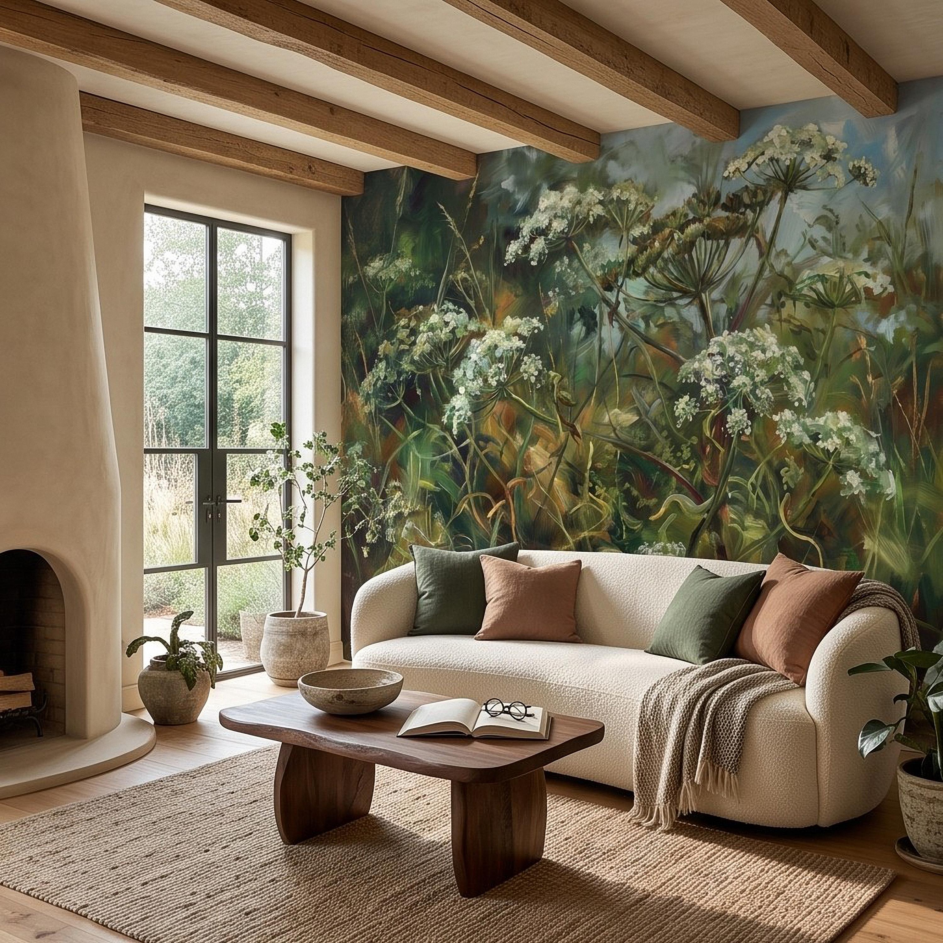 Wildflower Meadow Peel and Stick Wall Mural, White Queen Anne’s Lace Lush Green Botanical Painterly Cottage Garden Wallpaper