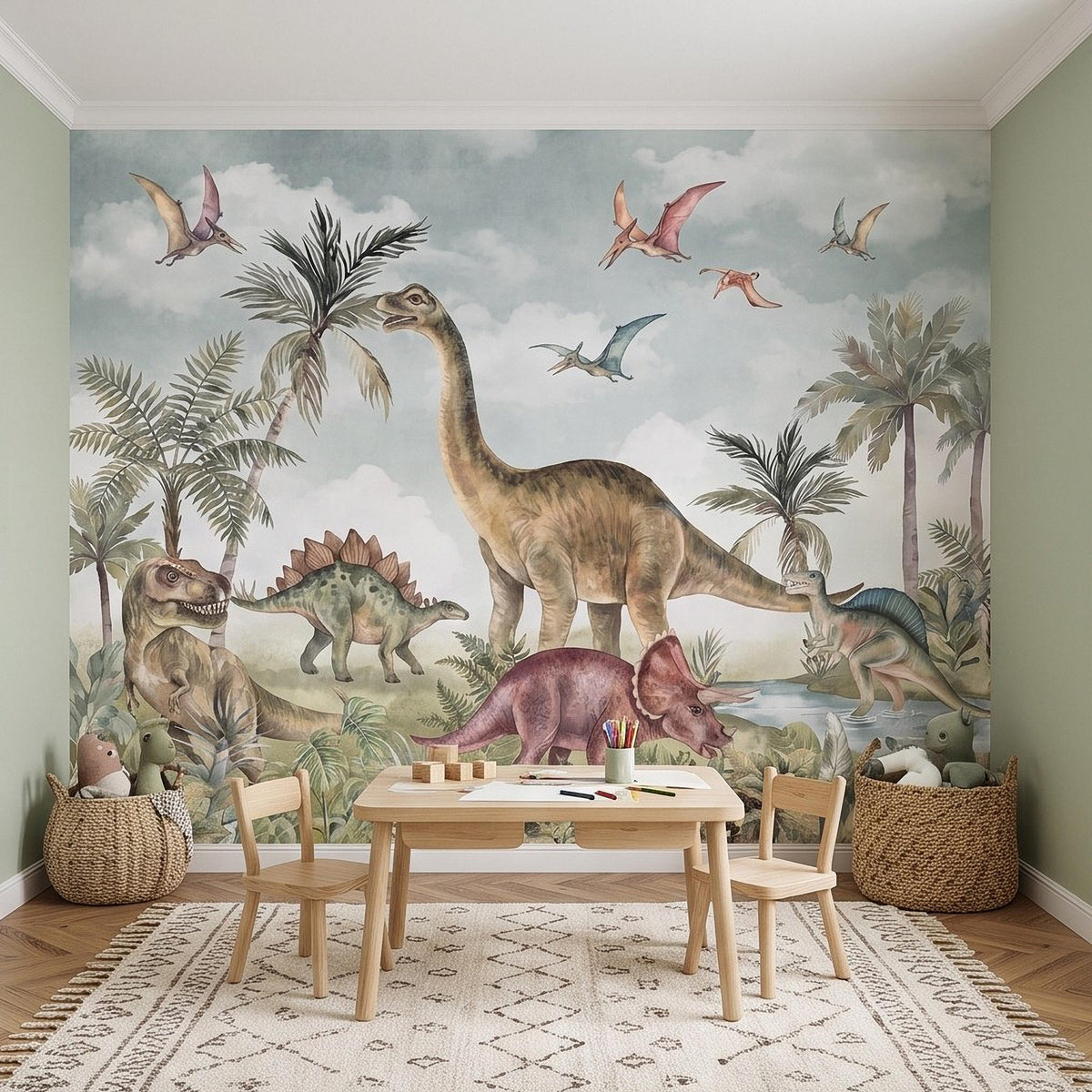 Vintage Dinosaur Adventure Peel and Stick Wall Mural, Prehistoric Jurassic Landscape Lush Tropical Watercolor Kids Wallpaper - The Fine Art Murals