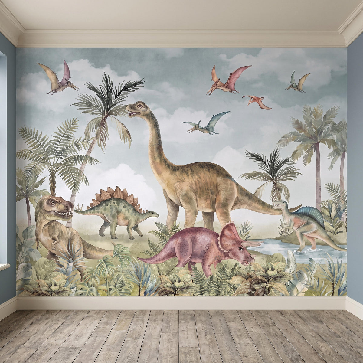 Vintage Dinosaur Adventure Peel and Stick Wall Mural, Prehistoric Jurassic Landscape Lush Tropical Watercolor Kids Wallpaper - The Fine Art Murals