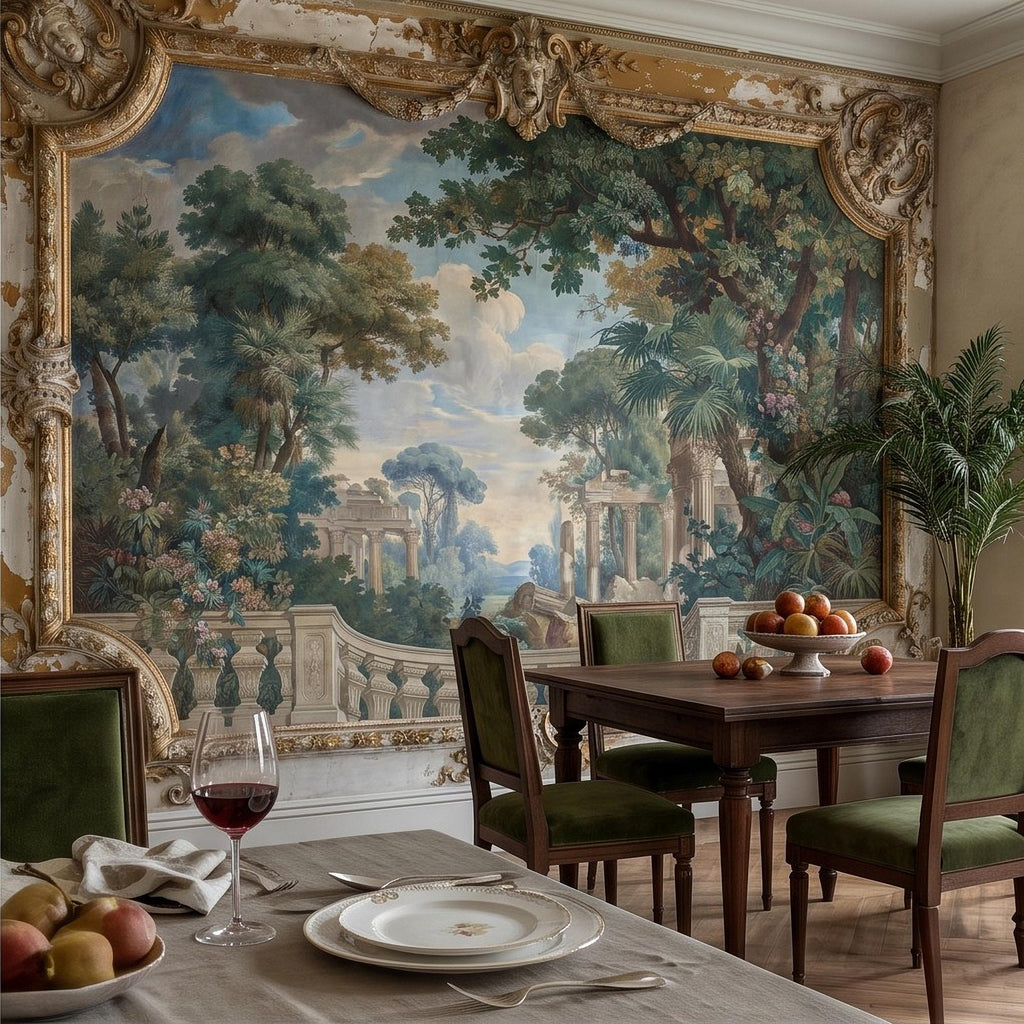 Baroque Garden Fresco Peel and Stick Wall Mural, Antique Classical Landscape Palace Ruins Trompe L'Oeil Wallpaper