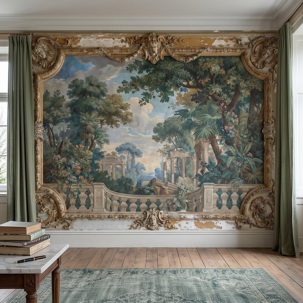 Baroque Garden Fresco Peel and Stick Wall Mural, Antique Classical Landscape Palace Ruins Trompe L'Oeil Wallpaper