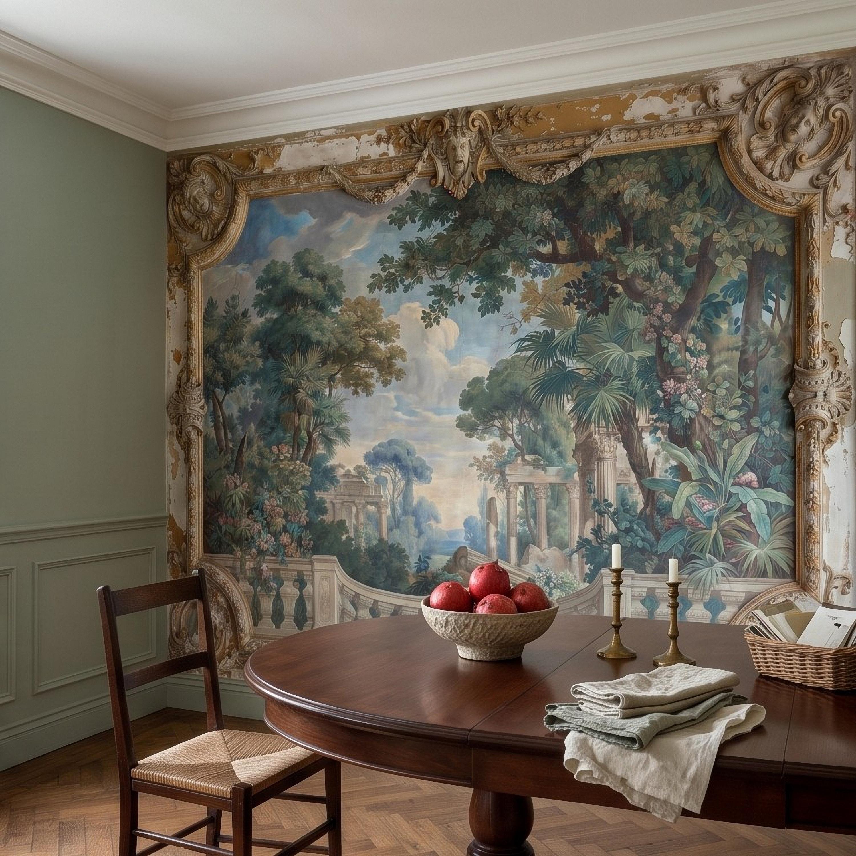 Baroque Garden Fresco Peel and Stick Wall Mural, Antique Classical Landscape Palace Ruins Trompe L'Oeil Wallpaper