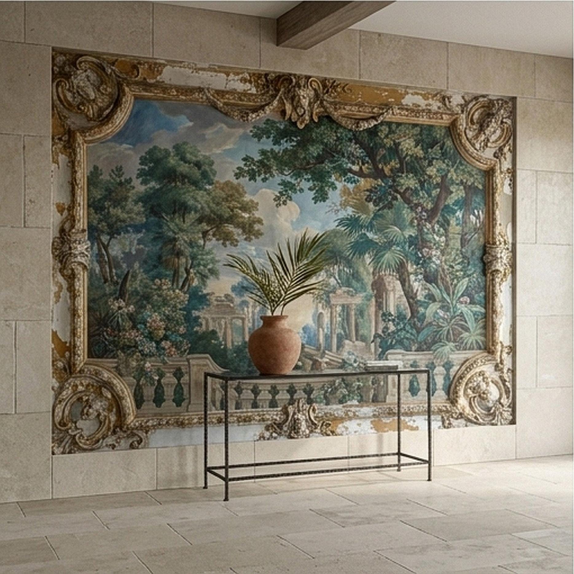 Baroque Garden Fresco Peel and Stick Wall Mural, Antique Classical Landscape Palace Ruins Trompe L'Oeil Wallpaper
