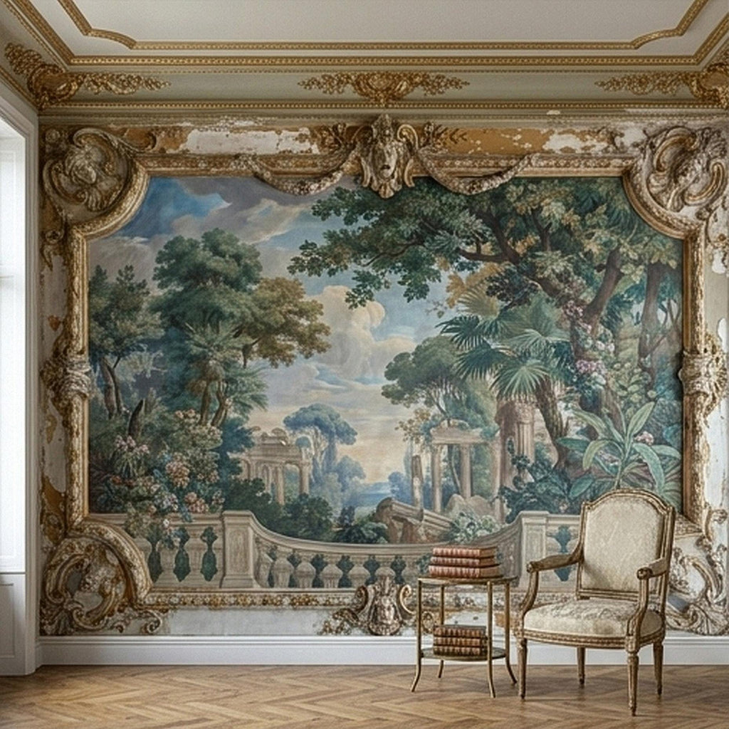 Baroque Garden Fresco Peel and Stick Wall Mural, Antique Classical Landscape Palace Ruins Trompe L'Oeil Wallpaper