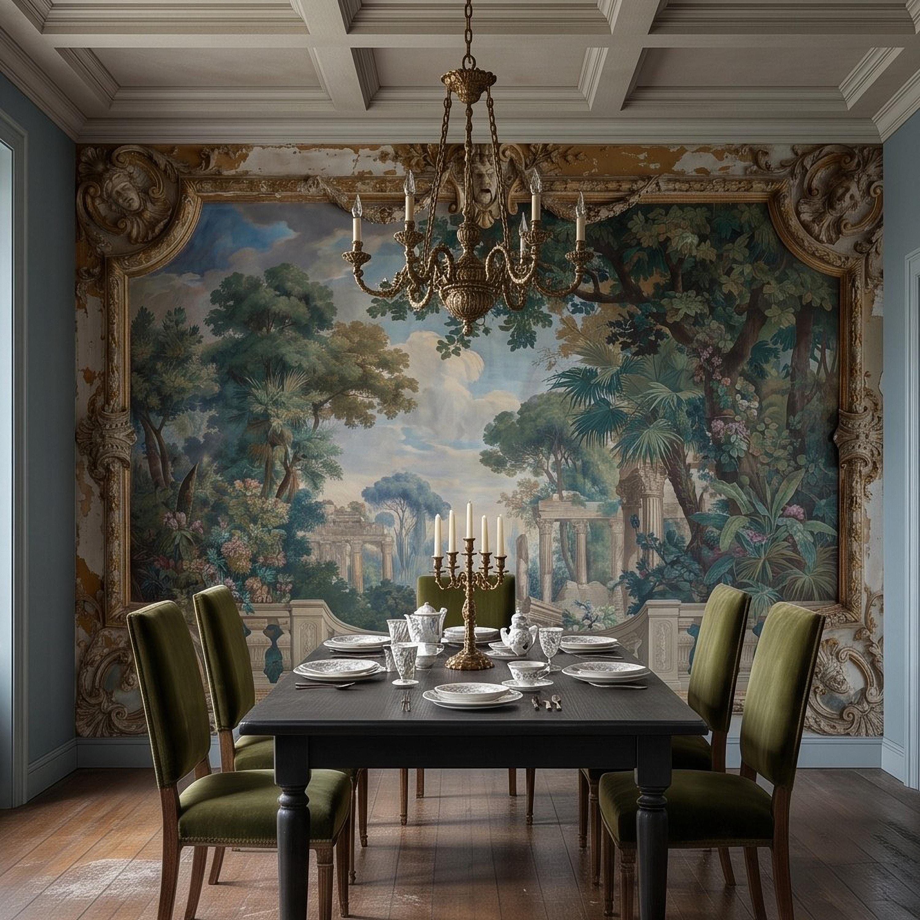Baroque Garden Fresco Peel and Stick Wall Mural, Antique Classical Landscape Palace Ruins Trompe L'Oeil Wallpaper