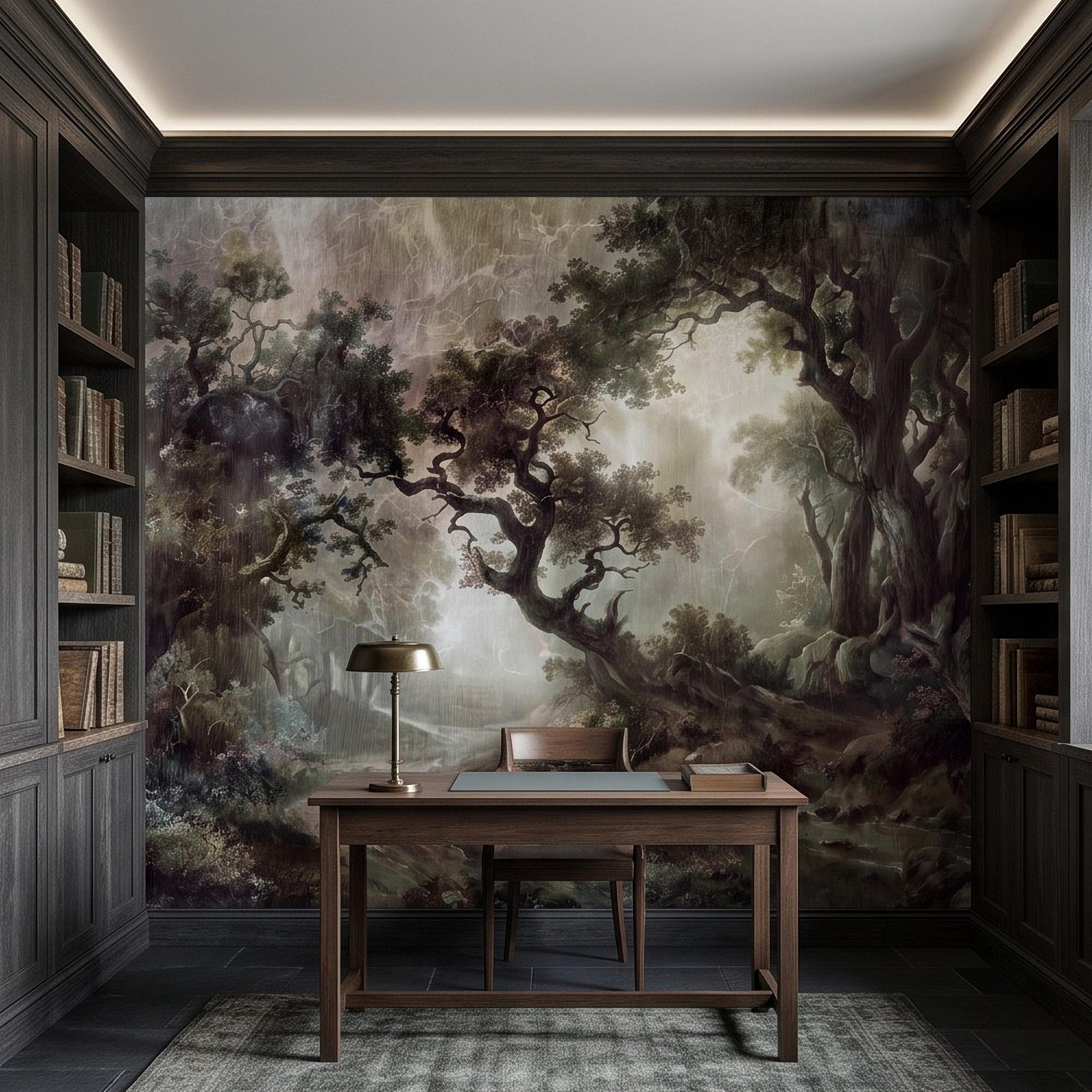 Enchanted Forest Peel and Stick Wall Mural, Mystical Dark Woodland Landscape Vintage Oil Painting Fantasy Trees Scenic Wallpaper