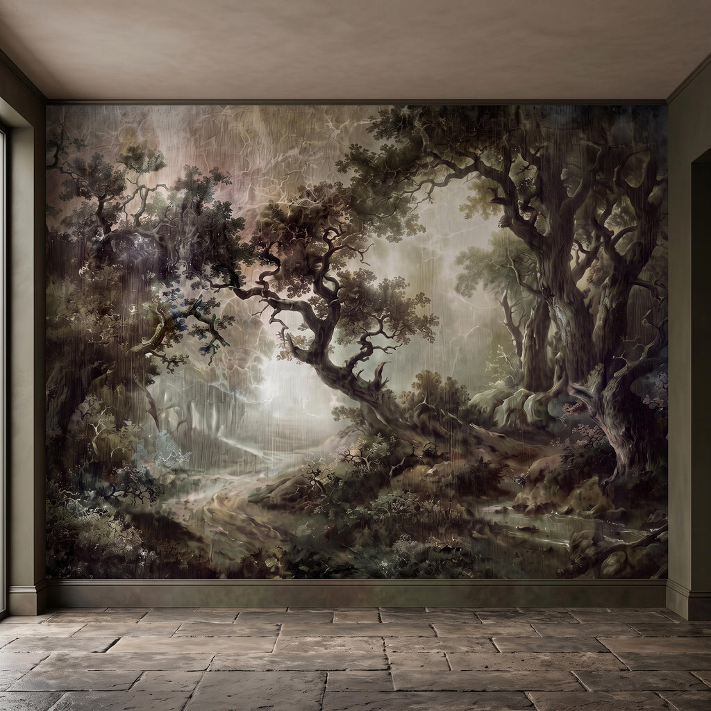 Enchanted Forest Peel and Stick Wall Mural, Mystical Dark Woodland Landscape Vintage Oil Painting Fantasy Trees Scenic Wallpaper