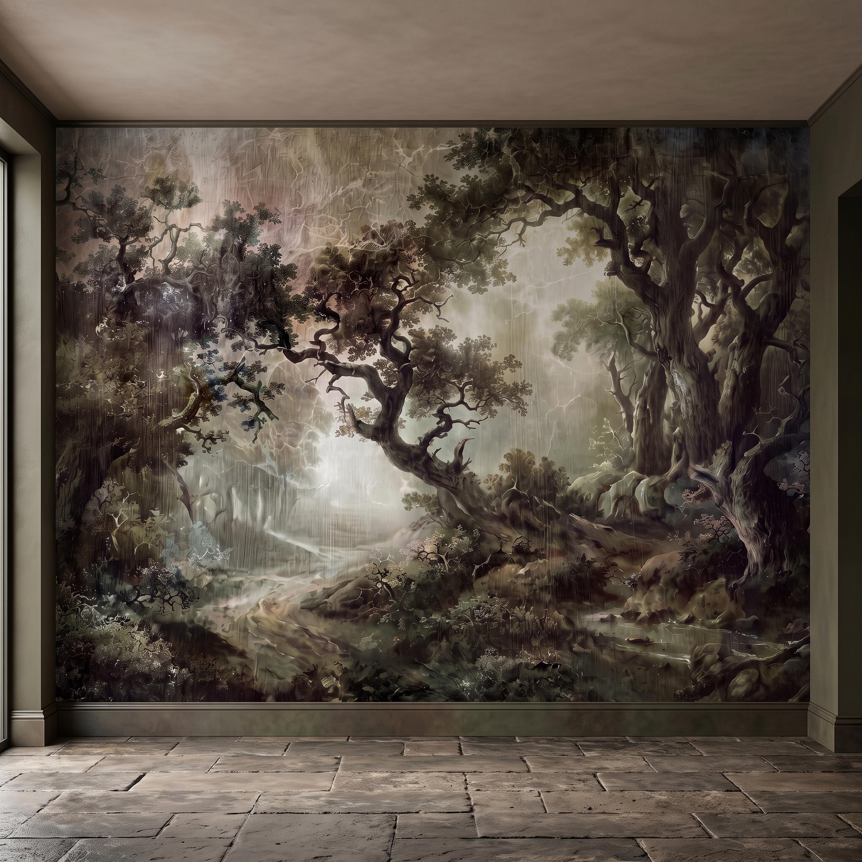 Enchanted Forest Peel and Stick Wall Mural, Mystical Dark Woodland Landscape Vintage Oil Painting Fantasy Trees Scenic Wallpaper