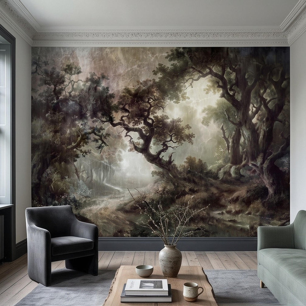 Enchanted Forest Peel and Stick Wall Mural, Mystical Dark Woodland Landscape Vintage Oil Painting Fantasy Trees Scenic Wallpaper