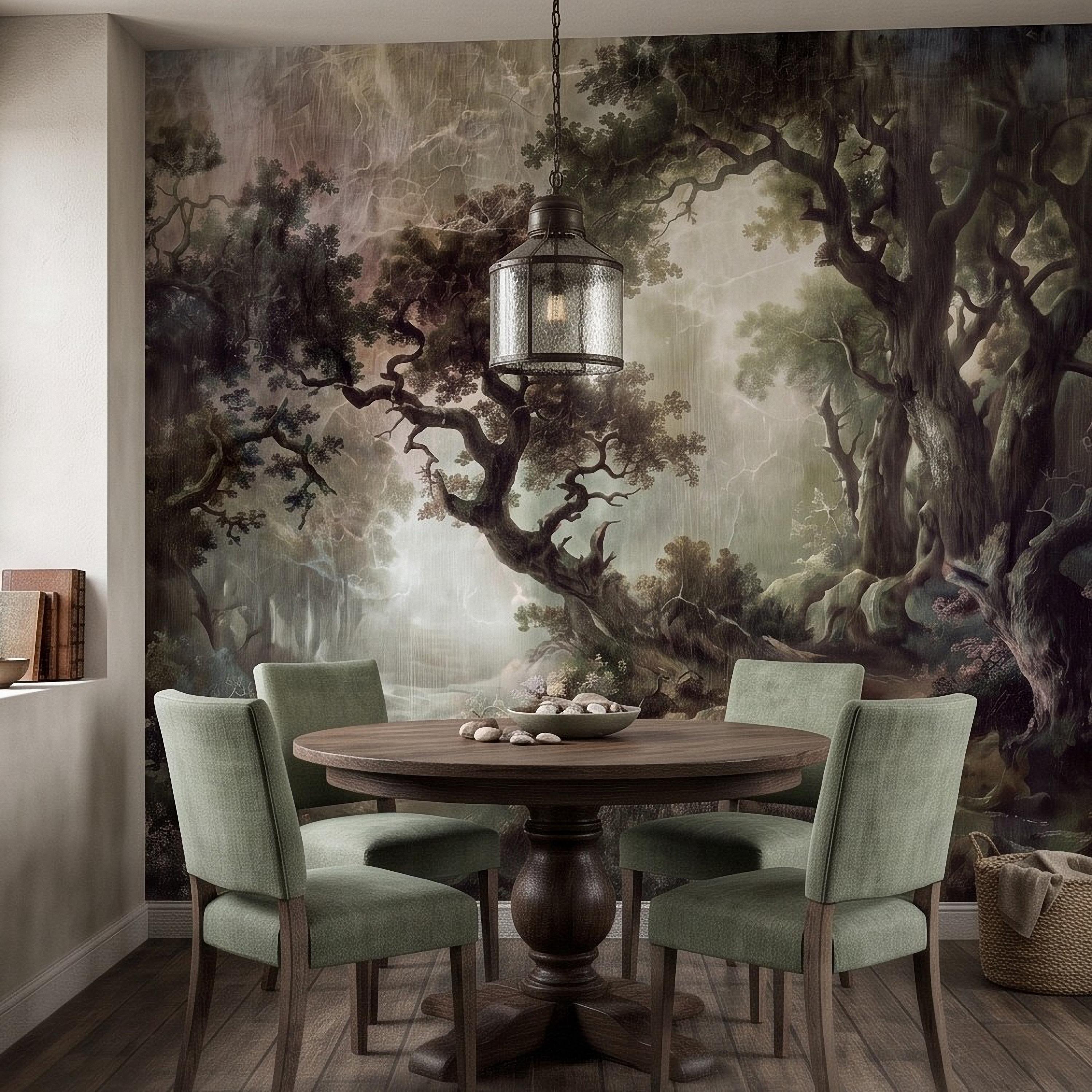 Enchanted Forest Peel and Stick Wall Mural, Mystical Dark Woodland Landscape Vintage Oil Painting Fantasy Trees Scenic Wallpaper