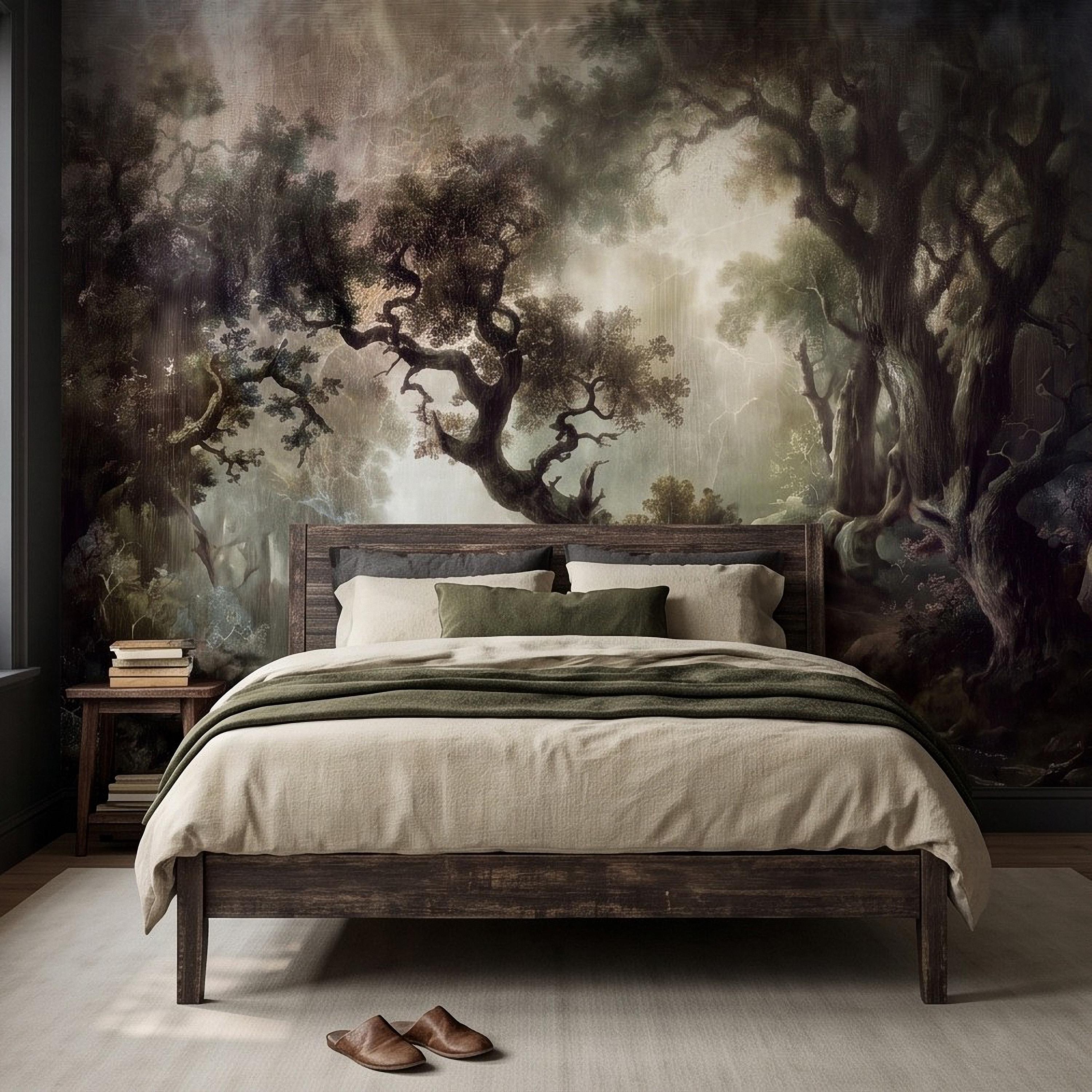 Enchanted Forest Peel and Stick Wall Mural, Mystical Dark Woodland Landscape Vintage Oil Painting Fantasy Trees Scenic Wallpaper