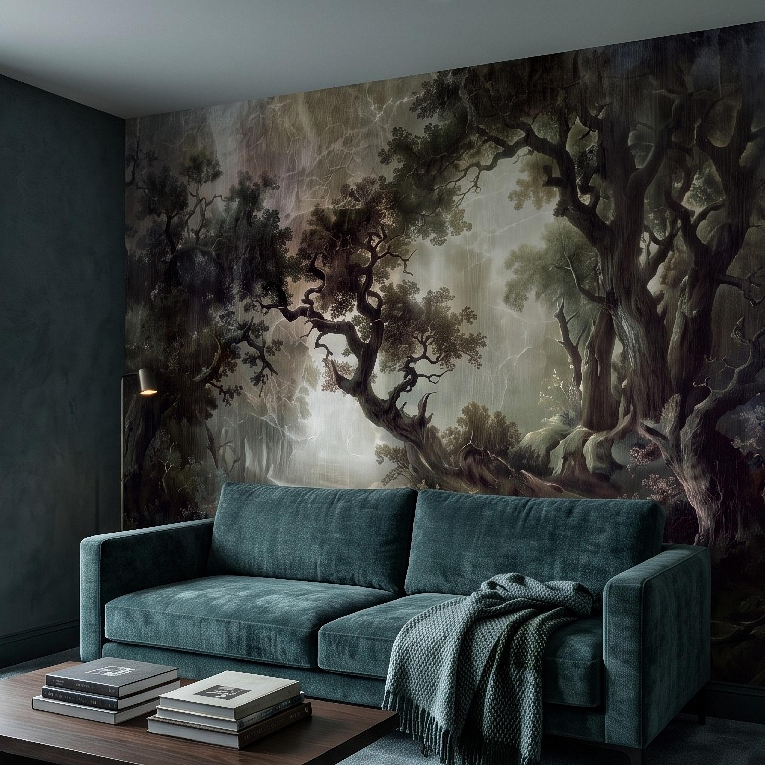 Enchanted Forest Peel and Stick Wall Mural, Mystical Dark Woodland Landscape Vintage Oil Painting Fantasy Trees Scenic Wallpaper