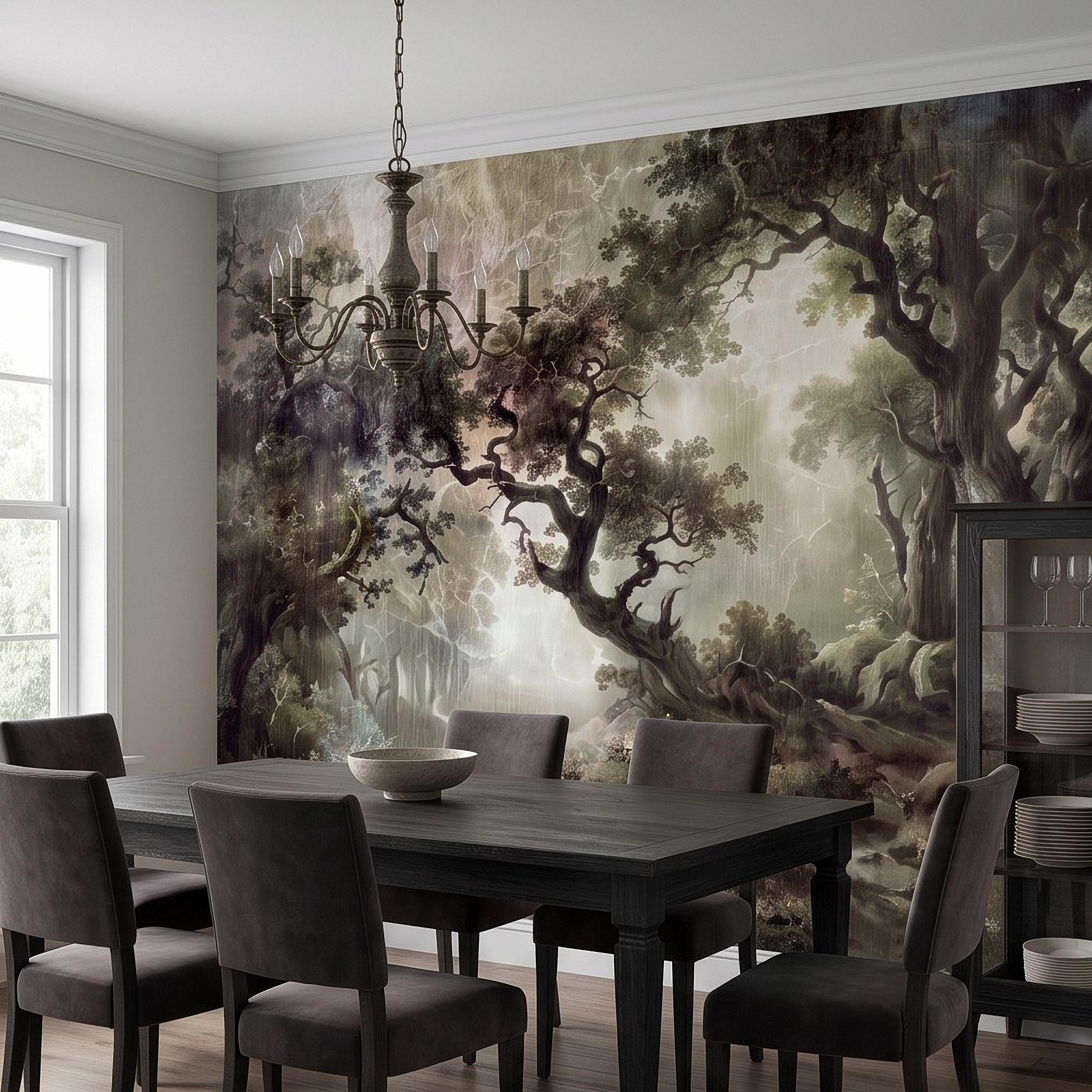 Enchanted Forest Peel and Stick Wall Mural, Mystical Dark Woodland Landscape Vintage Oil Painting Fantasy Trees Scenic Wallpaper