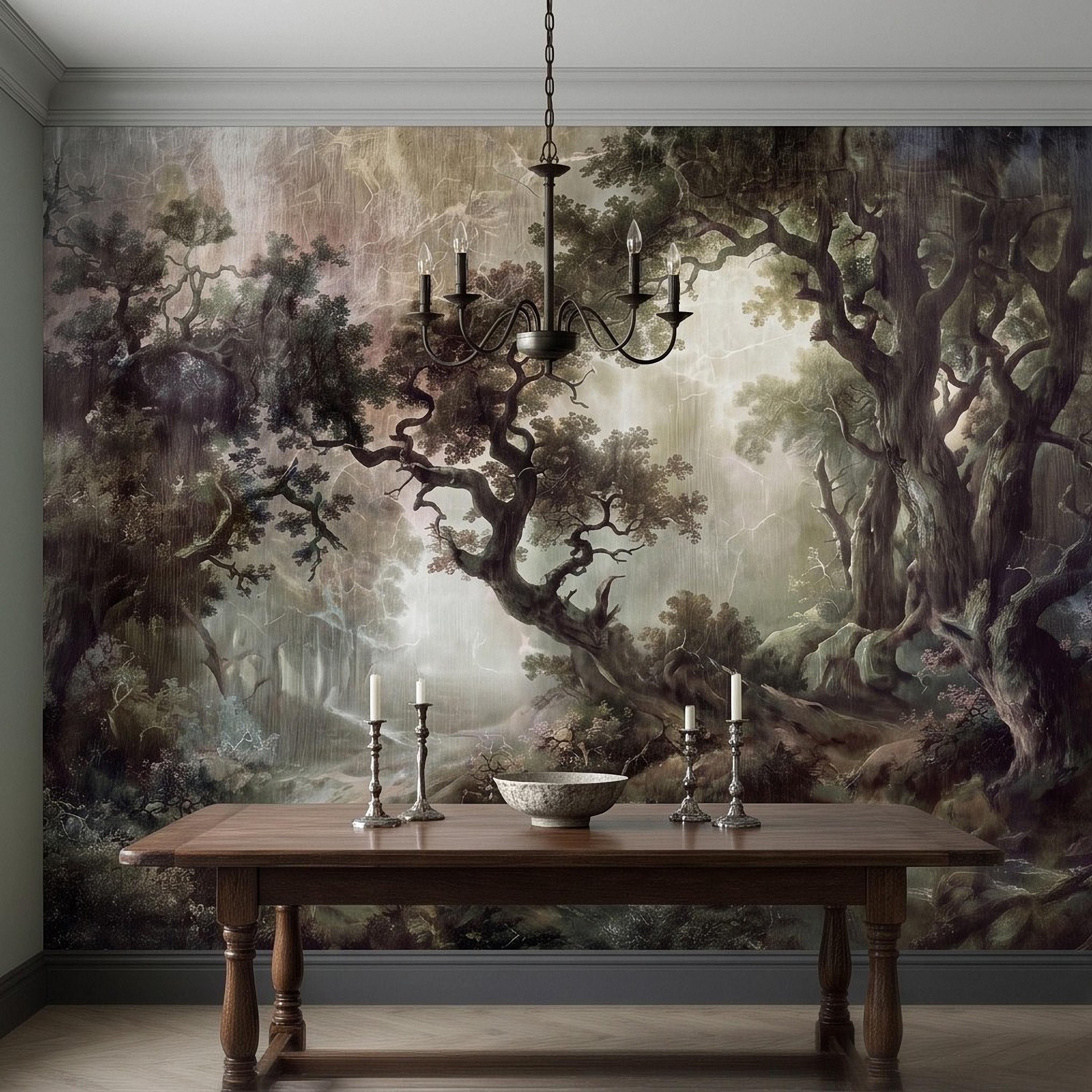 Enchanted Forest Peel and Stick Wall Mural, Mystical Dark Woodland Landscape Vintage Oil Painting Fantasy Trees Scenic Wallpaper
