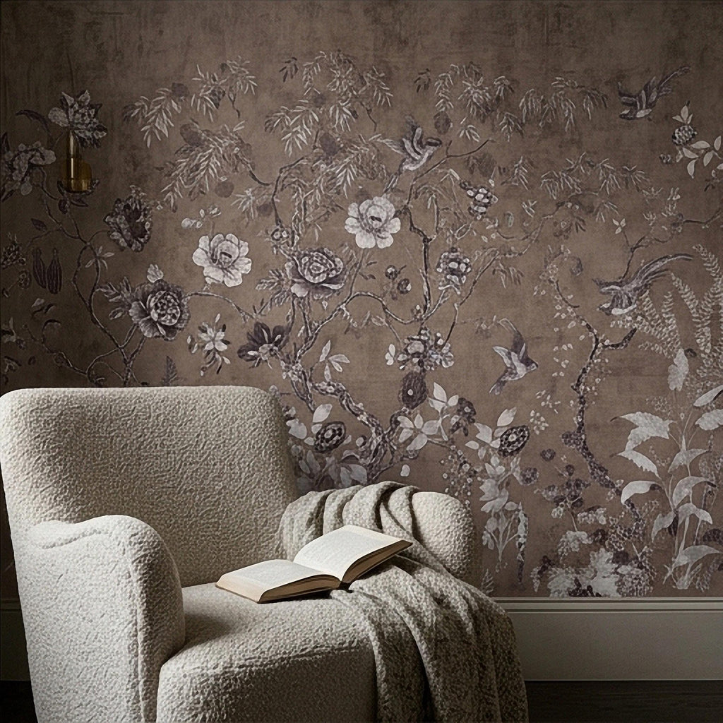 Chinoiserie Botanical Peel and Stick Wall Mural, Vintage Floral Birds Oriental Garden Neutral Beige Toile Wallpaper
