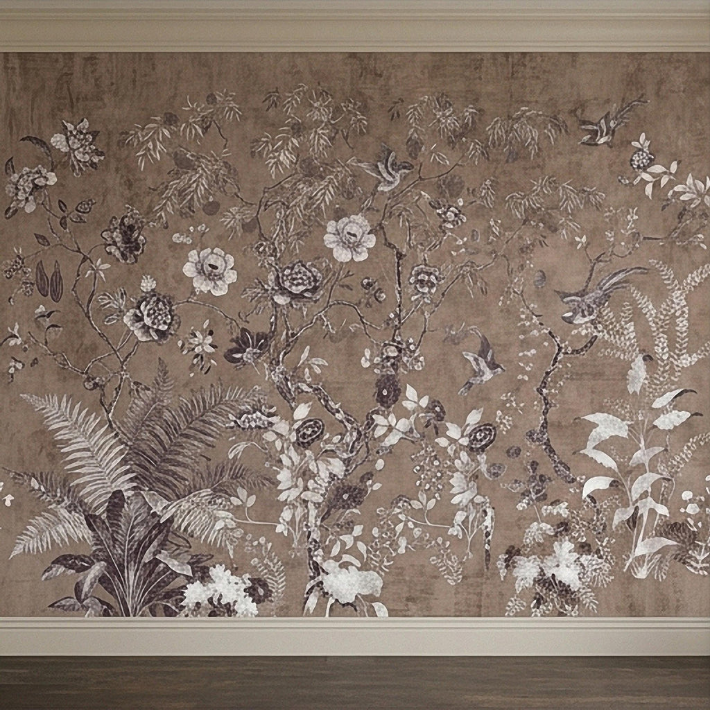 Chinoiserie Botanical Peel and Stick Wall Mural, Vintage Floral Birds Oriental Garden Neutral Beige Toile Wallpaper
