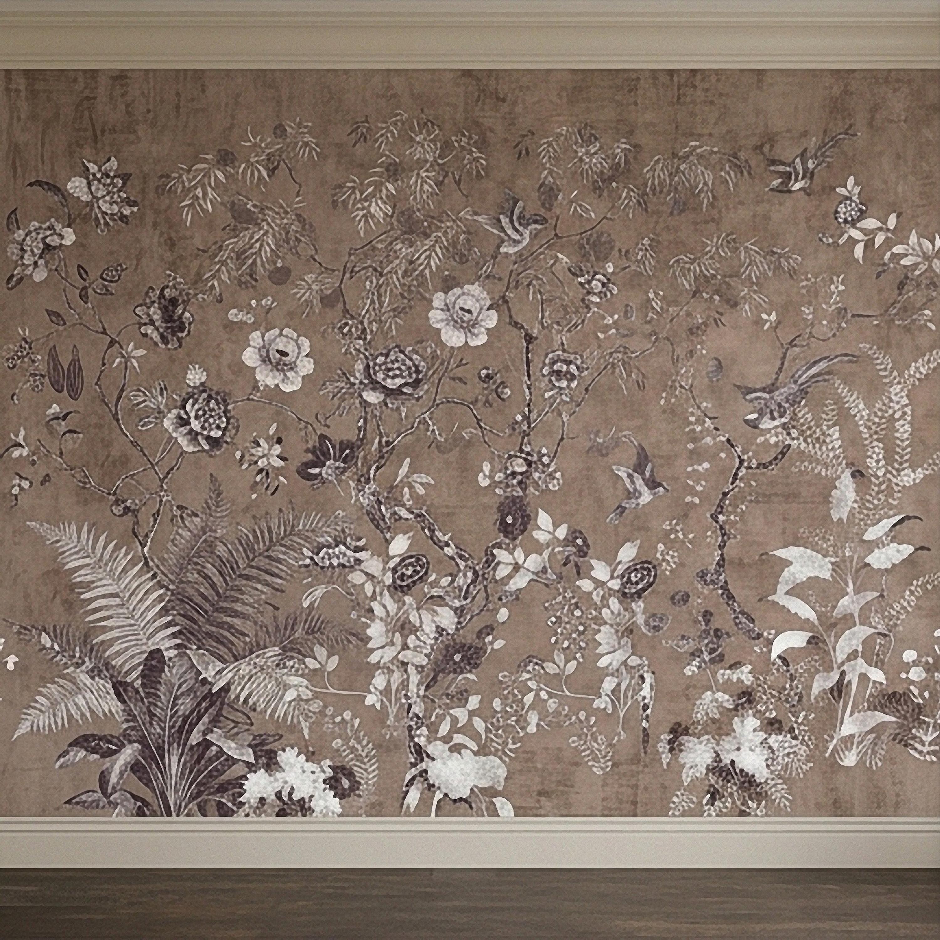 Chinoiserie Botanical Peel and Stick Wall Mural, Vintage Floral Birds Oriental Garden Neutral Beige Toile Wallpaper