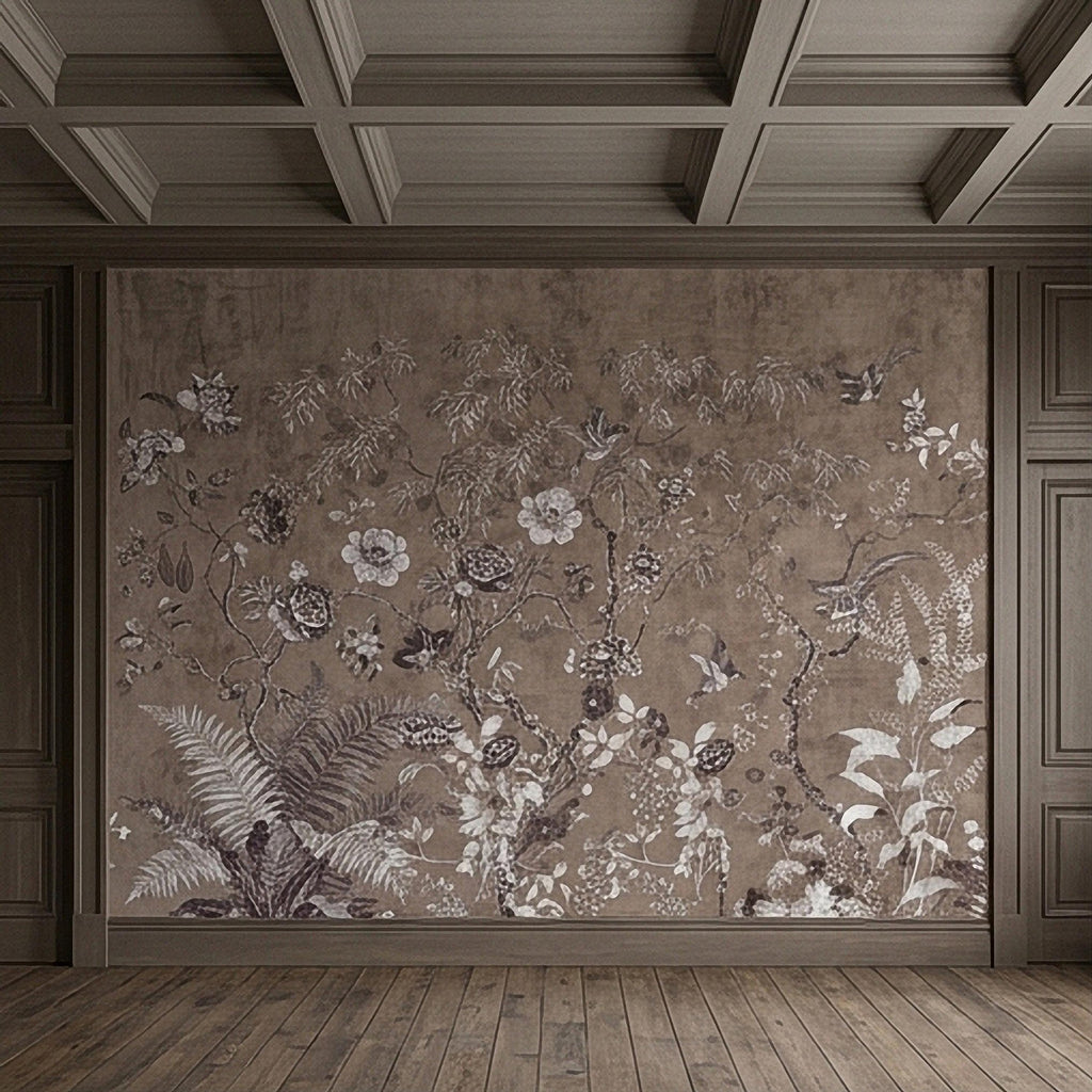 Chinoiserie Botanical Peel and Stick Wall Mural, Vintage Floral Birds Oriental Garden Neutral Beige Toile Wallpaper
