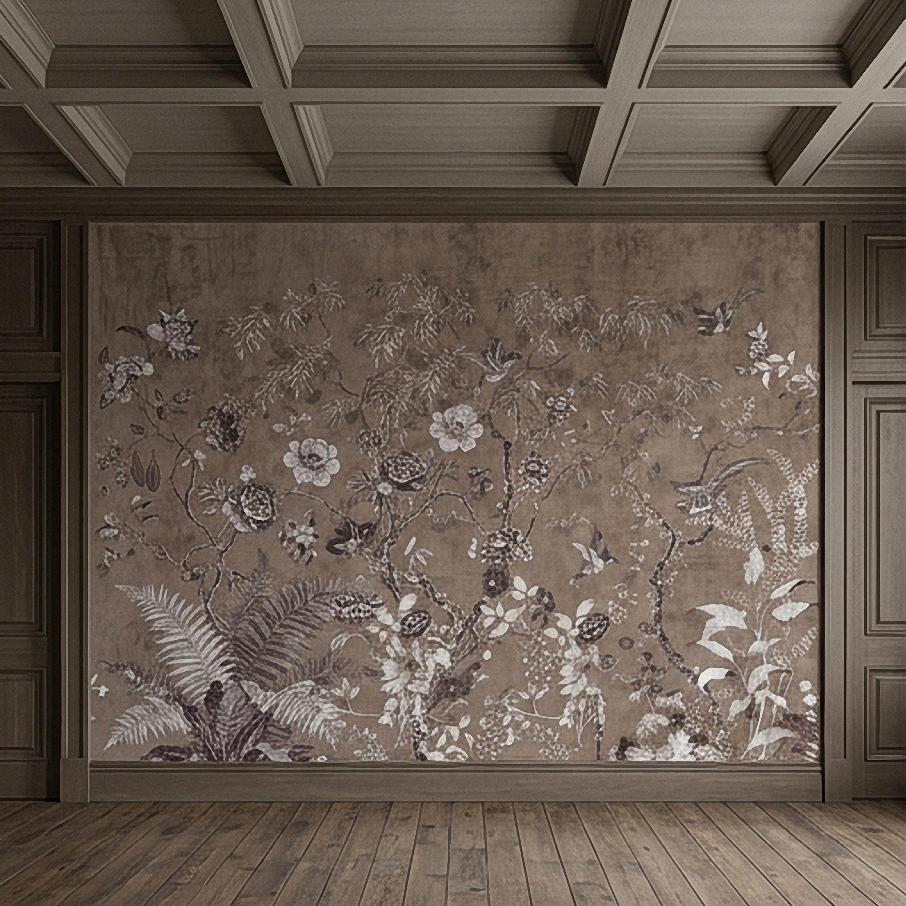 Chinoiserie Botanical Peel and Stick Wall Mural, Vintage Floral Birds Oriental Garden Neutral Beige Toile Wallpaper