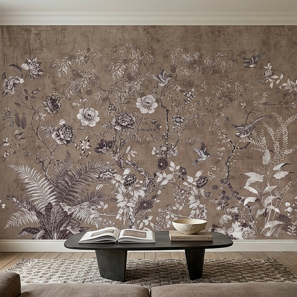 Chinoiserie Botanical Peel and Stick Wall Mural, Vintage Floral Birds Oriental Garden Neutral Beige Toile Wallpaper