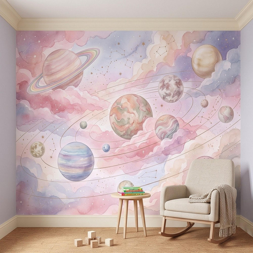 Dreamy Celestial Peel and Stick Wall Mural, Pastel Watercolor Planets Pink Clouds Stars Space Girls Nursery Whimsical Cosmic Wallpaper