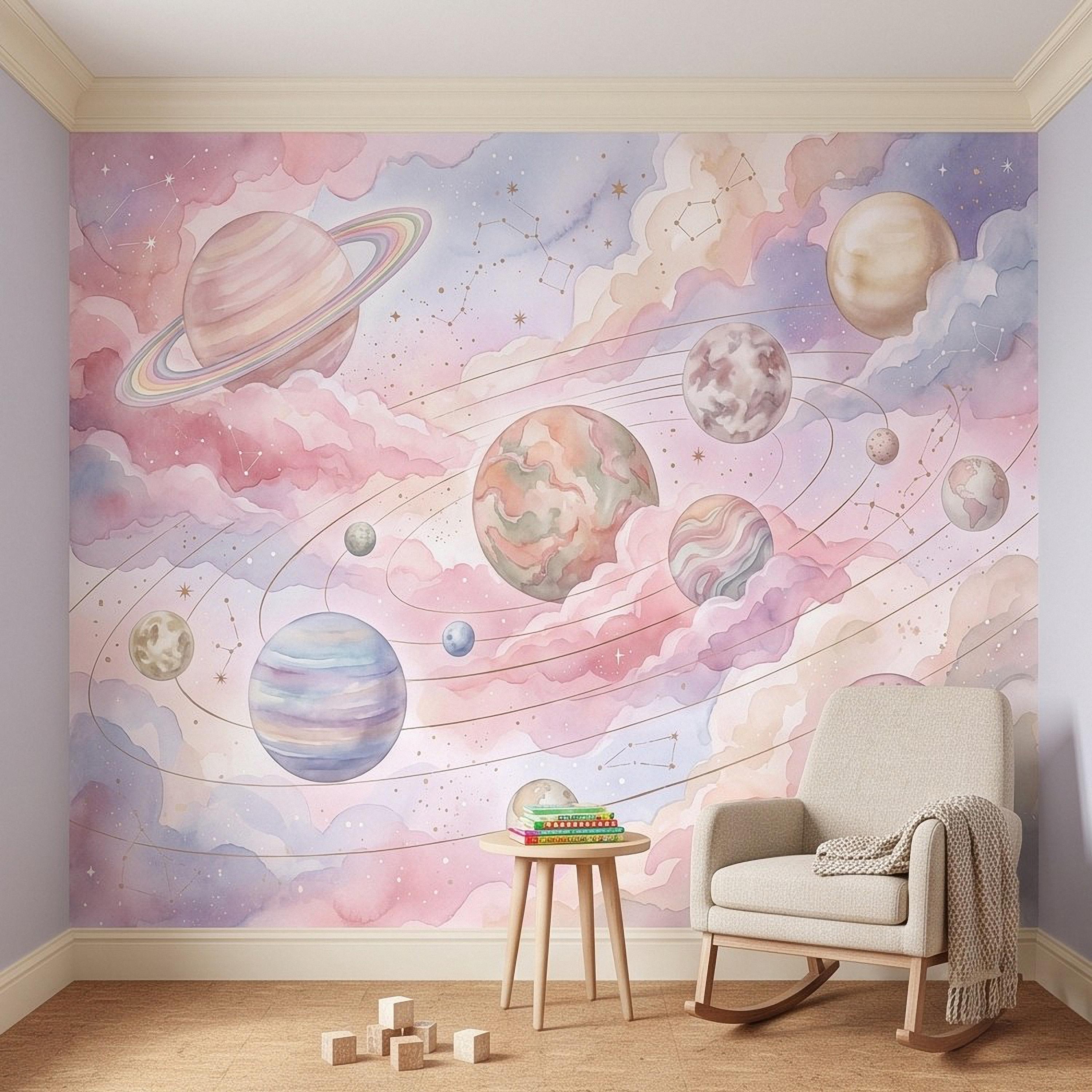 Dreamy Celestial Peel and Stick Wall Mural, Pastel Watercolor Planets Pink Clouds Stars Space Girls Nursery Whimsical Cosmic Wallpaper