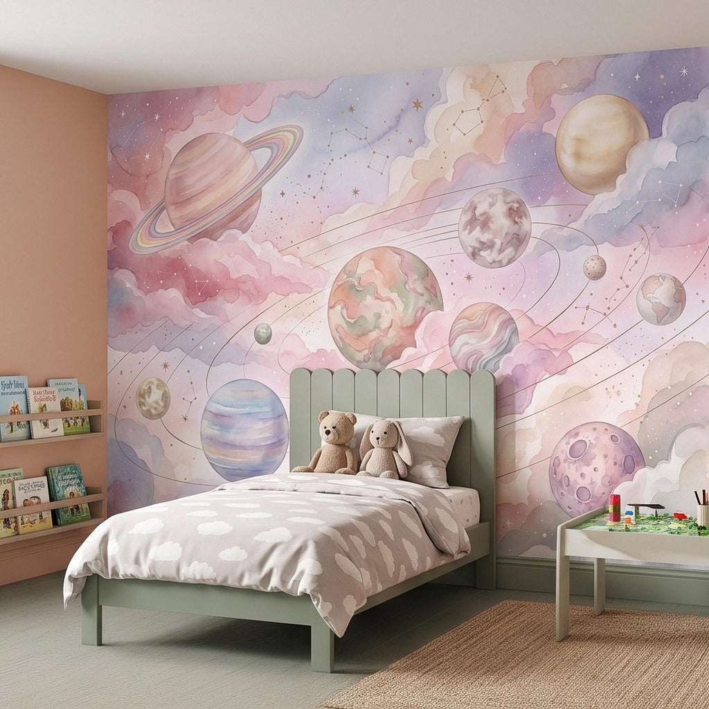 Dreamy Celestial Peel and Stick Wall Mural, Pastel Watercolor Planets Pink Clouds Stars Space Girls Nursery Whimsical Cosmic Wallpaper