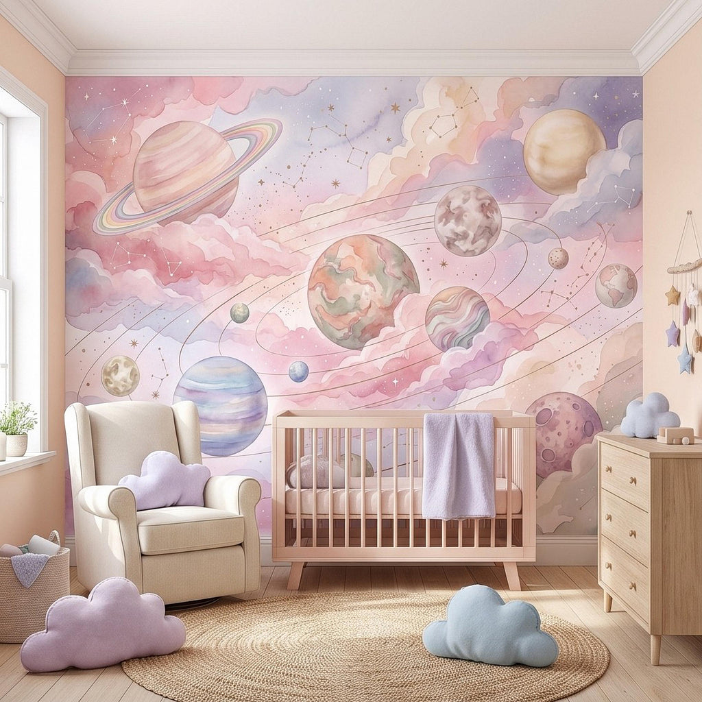 Dreamy Celestial Peel and Stick Wall Mural, Pastel Watercolor Planets Pink Clouds Stars Space Girls Nursery Whimsical Cosmic Wallpaper