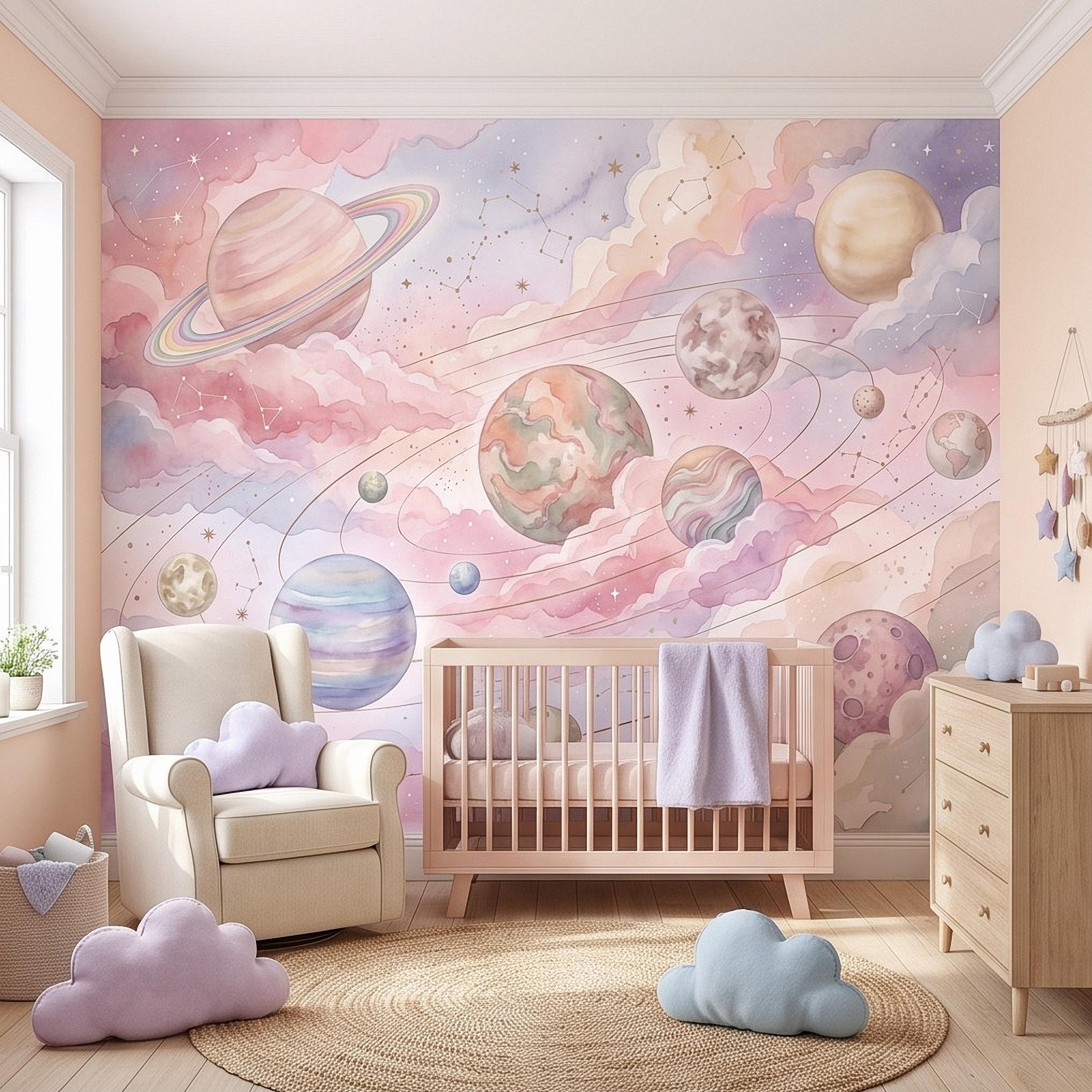 Dreamy Celestial Peel and Stick Wall Mural, Pastel Watercolor Planets Pink Clouds Stars Space Girls Nursery Whimsical Cosmic Wallpaper