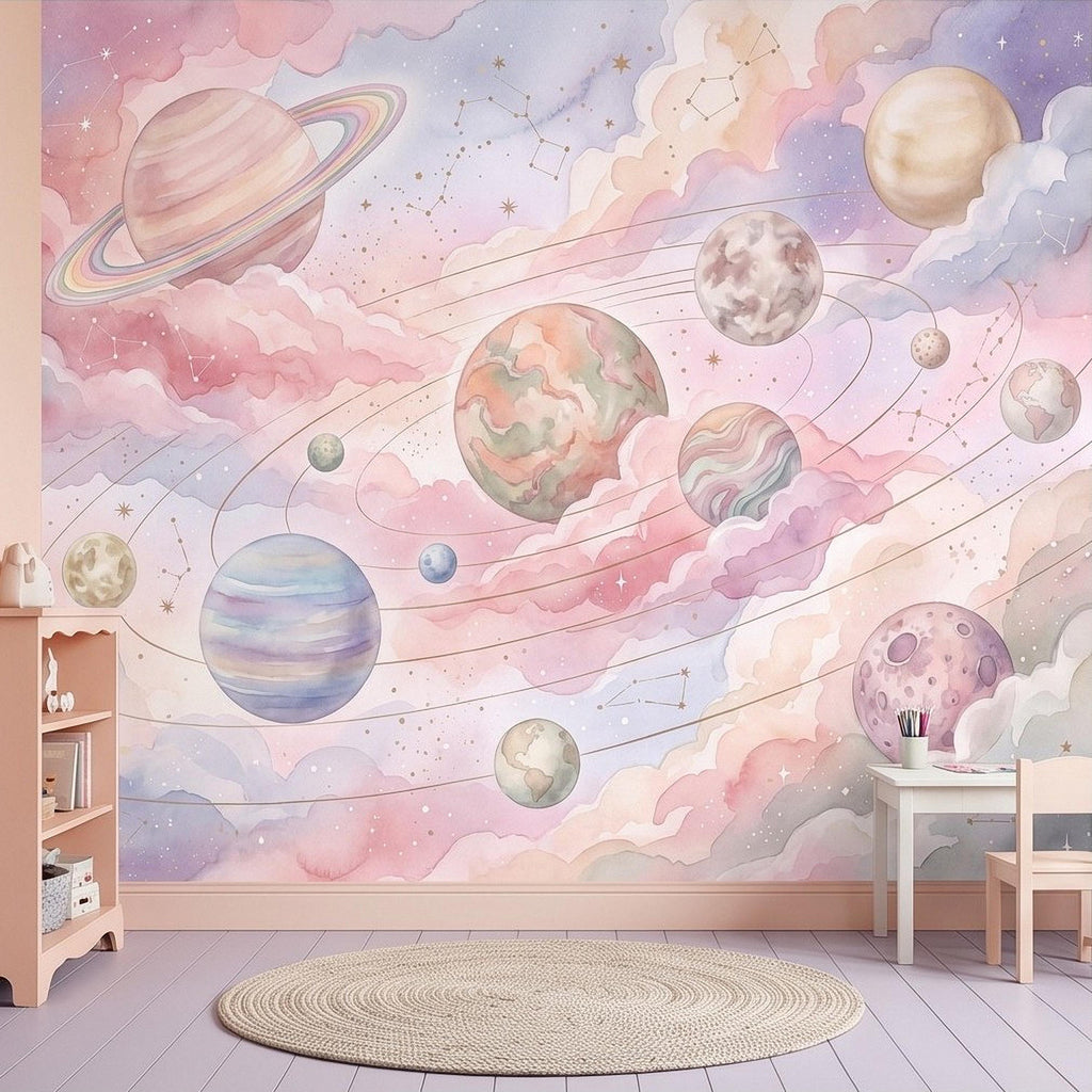 Dreamy Celestial Peel and Stick Wall Mural, Pastel Watercolor Planets Pink Clouds Stars Space Girls Nursery Whimsical Cosmic Wallpaper