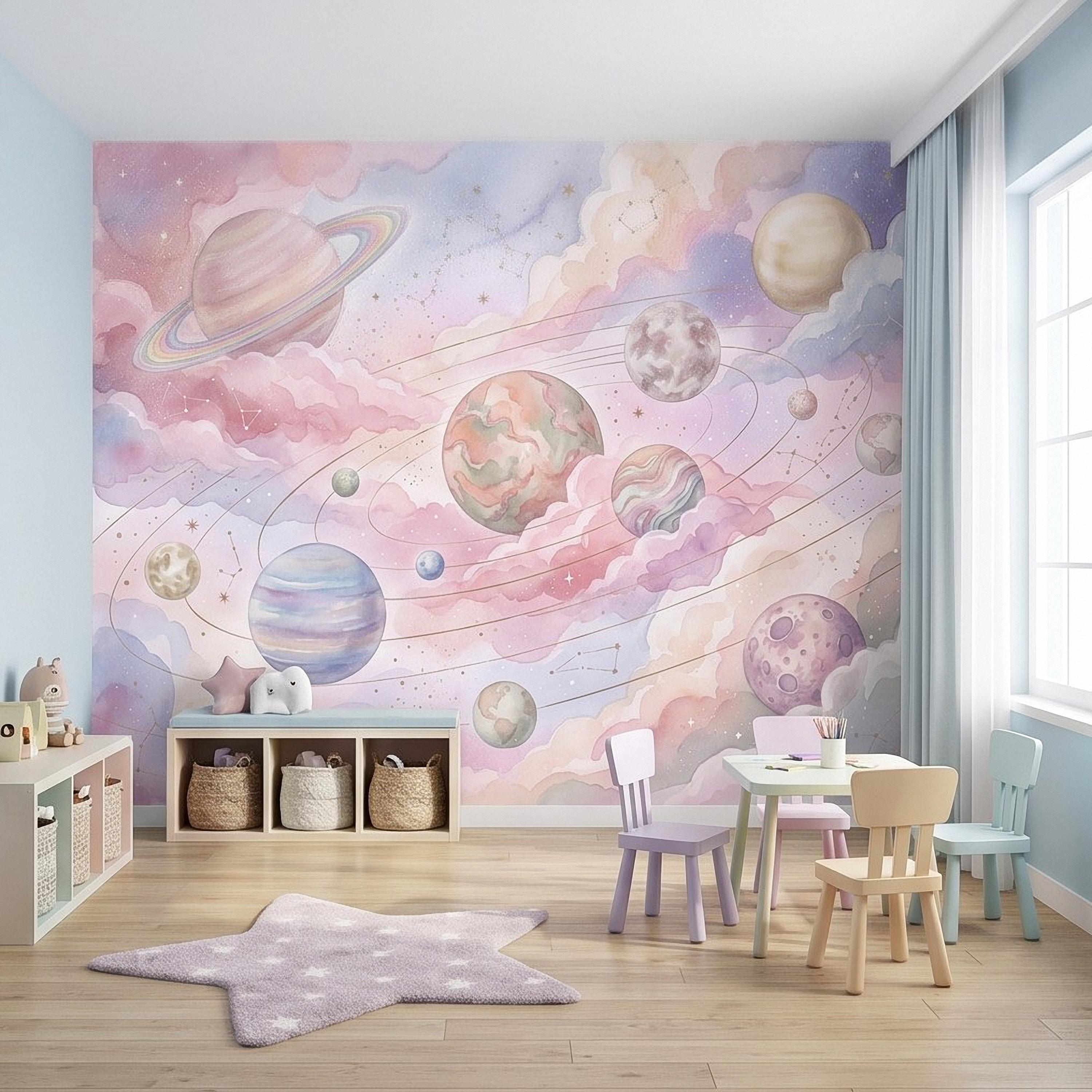 Dreamy Celestial Peel and Stick Wall Mural, Pastel Watercolor Planets Pink Clouds Stars Space Girls Nursery Whimsical Cosmic Wallpaper