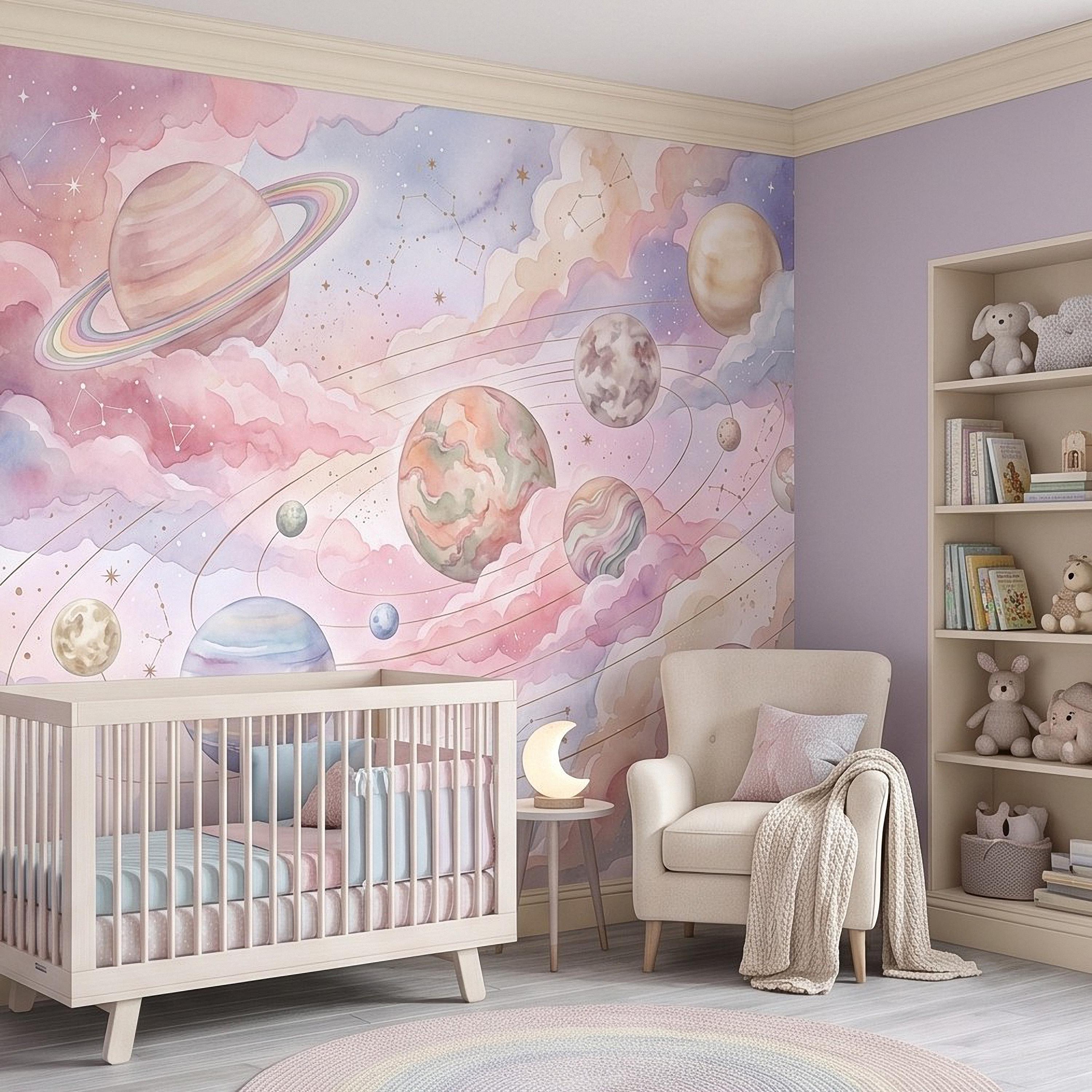 Dreamy Celestial Peel and Stick Wall Mural, Pastel Watercolor Planets Pink Clouds Stars Space Girls Nursery Whimsical Cosmic Wallpaper