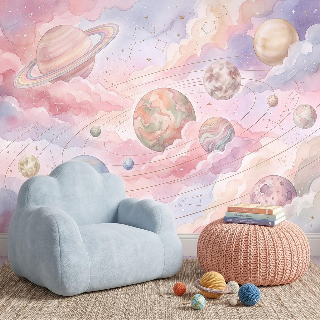 Dreamy Celestial Peel and Stick Wall Mural, Pastel Watercolor Planets Pink Clouds Stars Space Girls Nursery Whimsical Cosmic Wallpaper