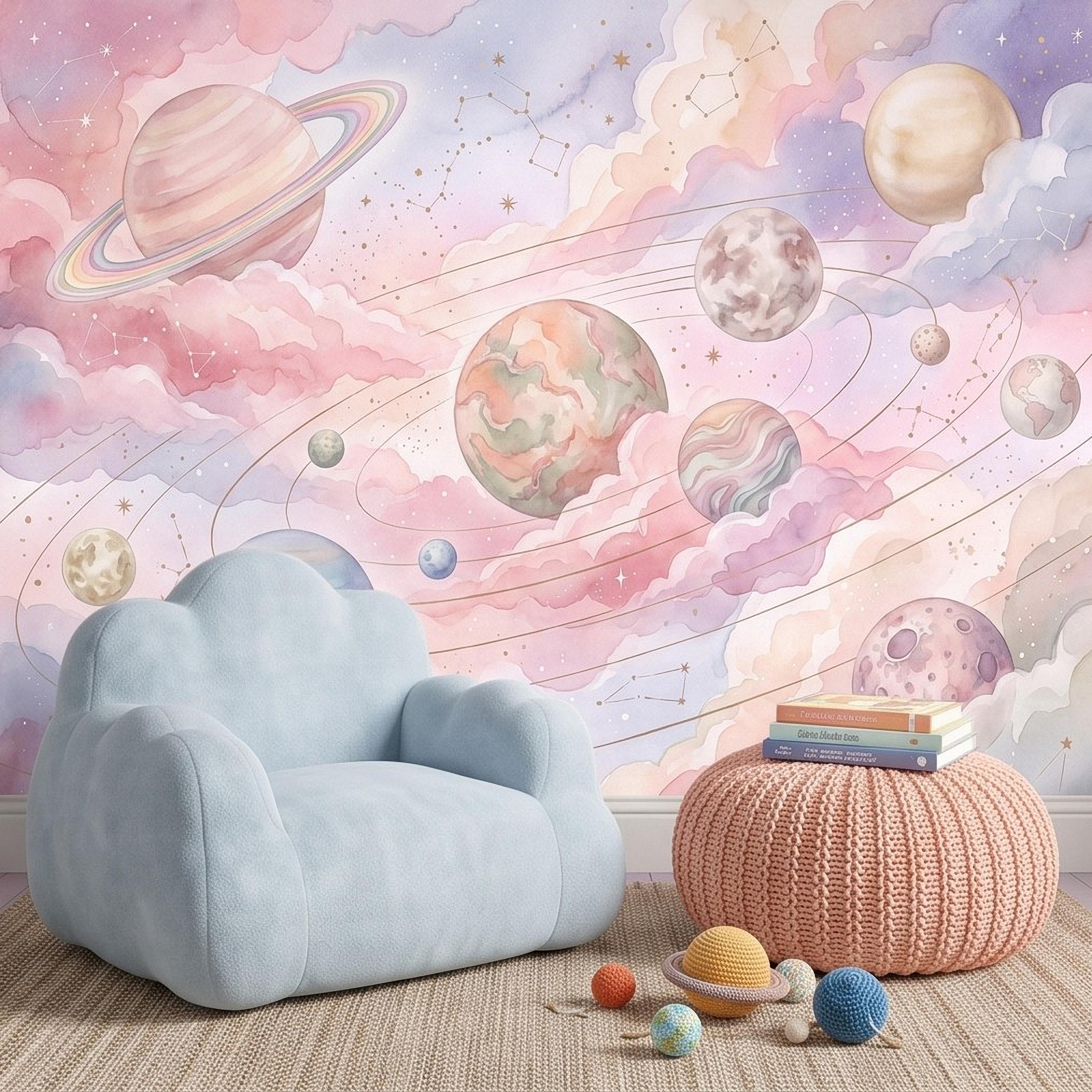 Dreamy Celestial Peel and Stick Wall Mural, Pastel Watercolor Planets Pink Clouds Stars Space Girls Nursery Whimsical Cosmic Wallpaper