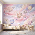Dreamy Celestial Peel and Stick Wall Mural, Pastel Watercolor Planets Pink Clouds Stars Space Girls Nursery Whimsical Cosmic Wallpaper