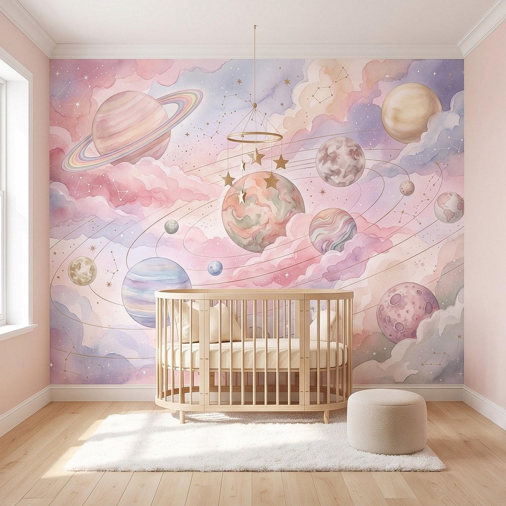 Dreamy Celestial Peel and Stick Wall Mural, Pastel Watercolor Planets Pink Clouds Stars Space Girls Nursery Whimsical Cosmic Wallpaper