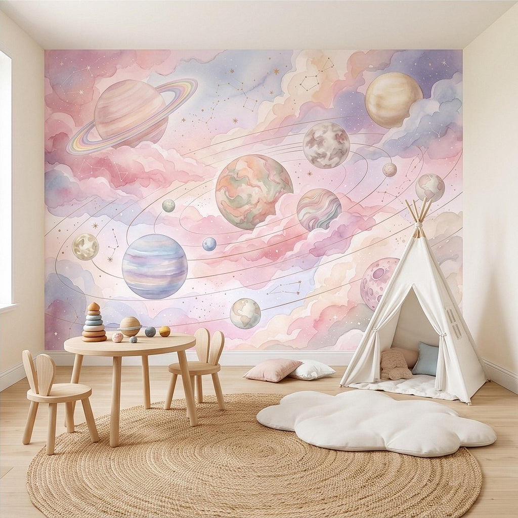 Dreamy Celestial Peel and Stick Wall Mural, Pastel Watercolor Planets Pink Clouds Stars Space Girls Nursery Whimsical Cosmic Wallpaper