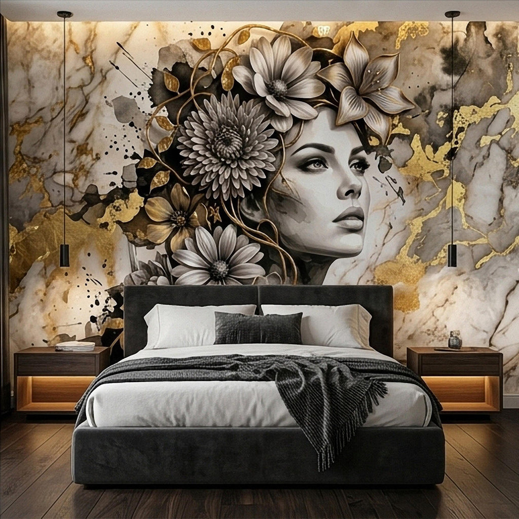 Abstract Floral Woman Peel and Stick Wall Mural, Black White Gold Marble Texture Elegant Botanical Portrait Wallpaper