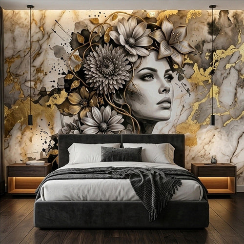 Floral woman portrait wall mural featuring black-and-white face with gold marble accents