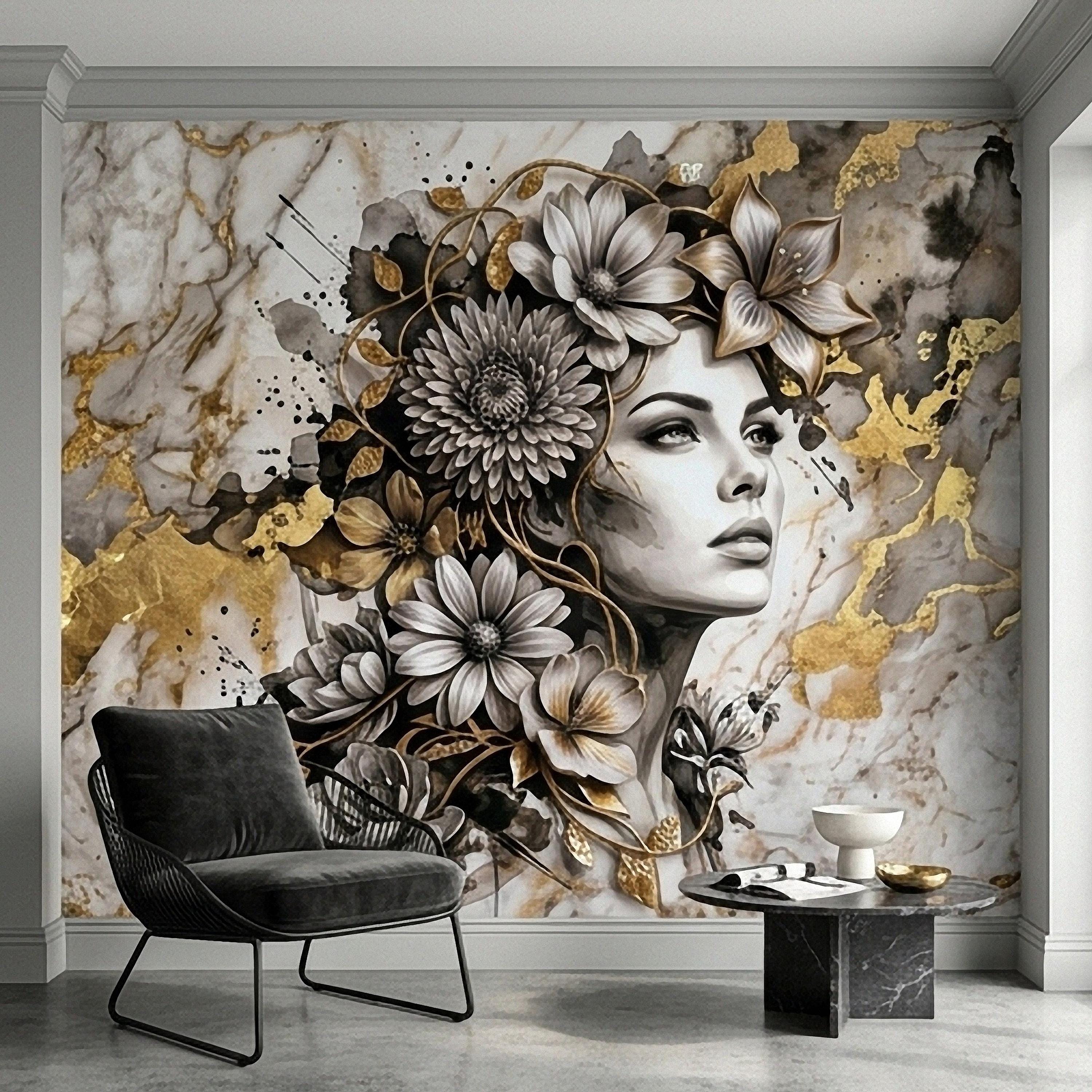 Abstract Floral Woman Peel and Stick Wall Mural, Black White Gold Marble Texture Elegant Botanical Portrait Wallpaper