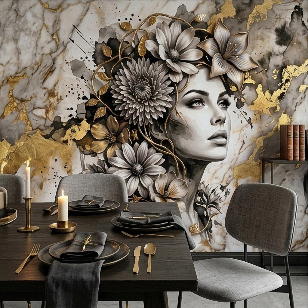 Abstract Floral Woman Peel and Stick Wall Mural, Black White Gold Marble Texture Elegant Botanical Portrait Wallpaper