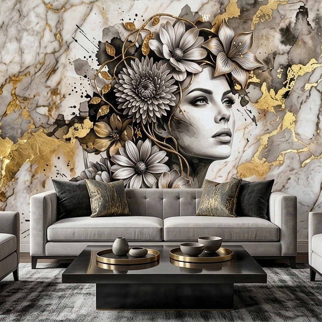 Abstract Floral Woman Peel and Stick Wall Mural, Black White Gold Marble Texture Elegant Botanical Portrait Wallpaper