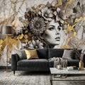 Abstract Floral Woman Peel and Stick Wall Mural, Black White Gold Marble Texture Elegant Botanical Portrait Wallpaper