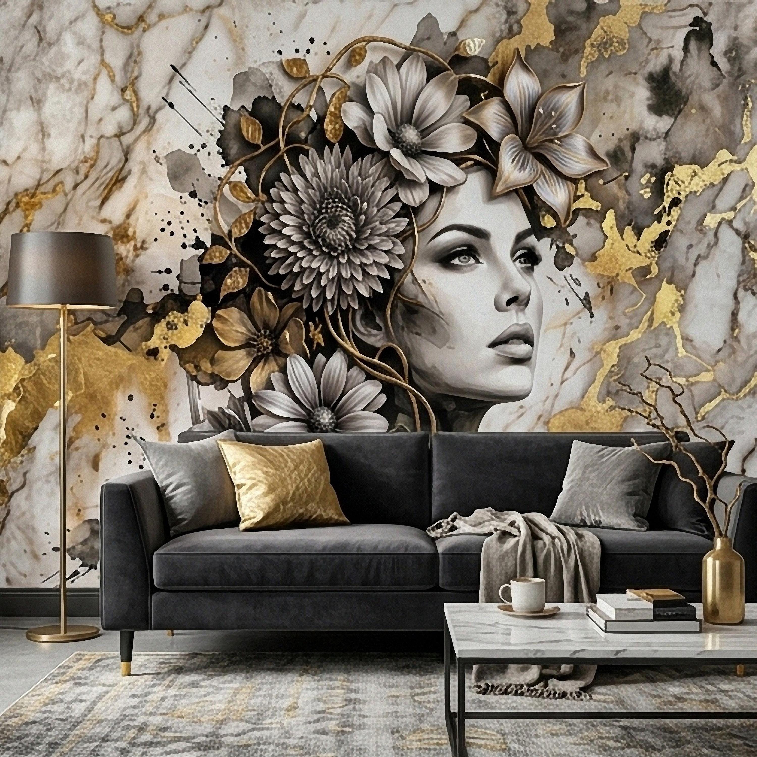 Abstract Floral Woman Peel and Stick Wall Mural, Black White Gold Marble Texture Elegant Botanical Portrait Wallpaper