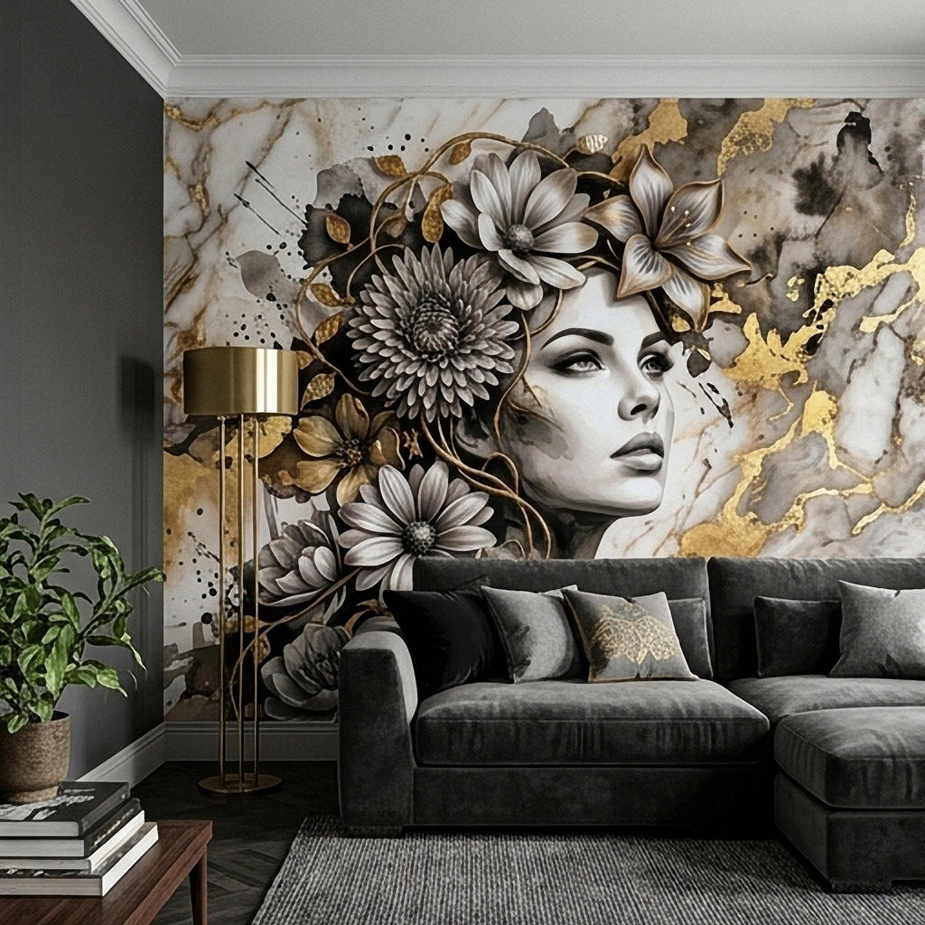 Abstract Floral Woman Peel and Stick Wall Mural, Black White Gold Marble Texture Elegant Botanical Portrait Wallpaper