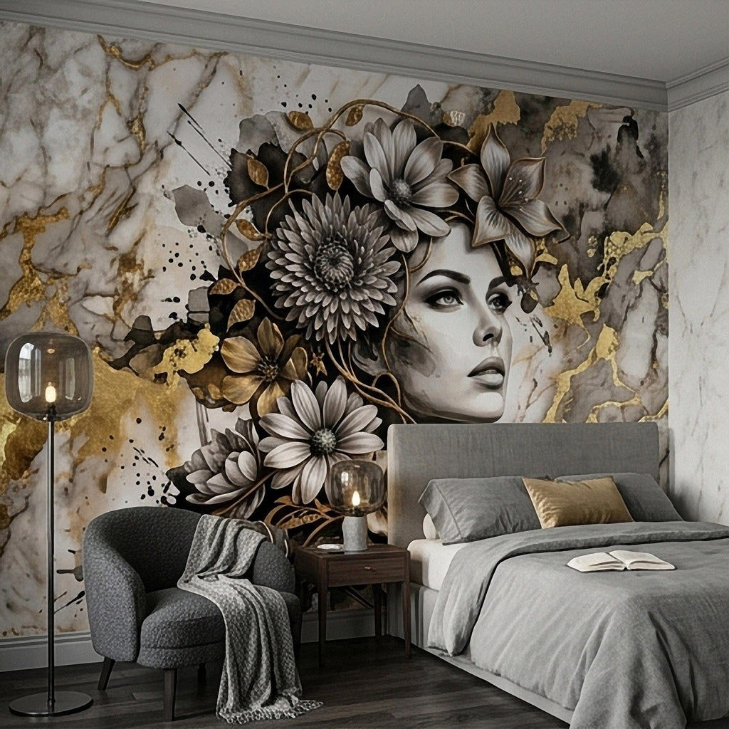 Abstract Floral Woman Peel and Stick Wall Mural, Black White Gold Marble Texture Elegant Botanical Portrait Wallpaper